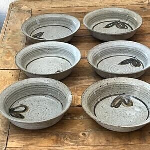 Studio Art Stoneware Bowl Set of 6 7" Speckled Gray With Leaf Design Signed